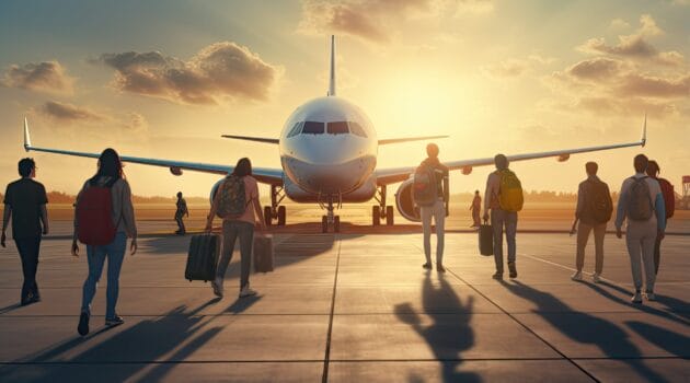Menschen vor einem Flugzeug für Gruppenflüge